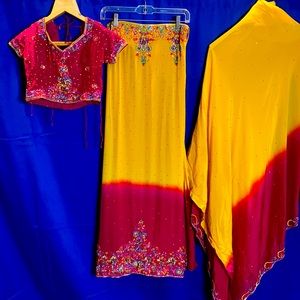3 Piece Pink and Yellow Embroidered Lengha!